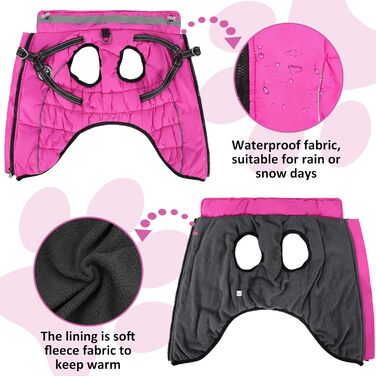 Зимовий одяг для собак, теплий водонепроникний одяг для собак з шлейкою, світловідбиваючі смуги, LED-ошийник, зимові куртки та одяг для маленьких та середніх собак, рожевий, розмір S