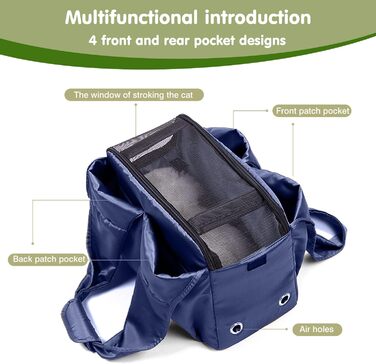 PETCUTE Сумка-переноска для собак та котів, дихаюча, з матом, на плече, з лінійкою безпеки та кишенями, для маленьких та середніх собак, цуценят та котів (Темно-синій)