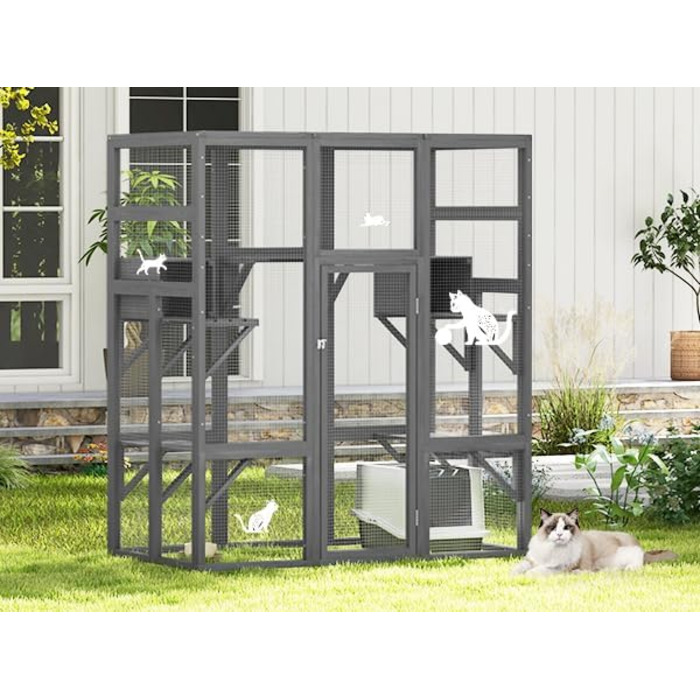 Великий дерев'яний кігтечка для котів COZIWOW з лежаками, печерами, ігровим комплексом та простором для бігу, для дому, з водонепроникним дахом, 7 платформ, 2 будиночки, стійкий до УФ-випромінювання, 167 см x 82 см, сірий, XL