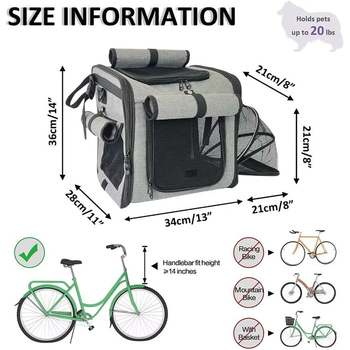 XXXLION Кошик на велосипед для собак, переноска-рюкзак для тварин з сітчастими віконцями, для собак, котів, цуценят, з регульованими ременями, сумка-тримач, для переднього колеса та автокрісла