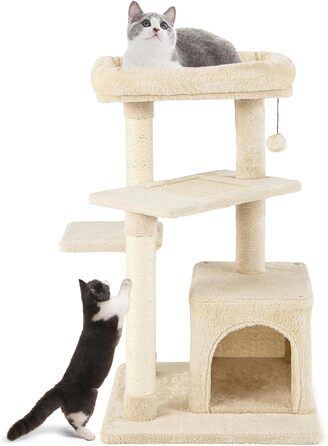 Дерев'яний кігтеточка для котів Costway 85 см з будиночком, м'яким сидінням та іграшкою, бежевий