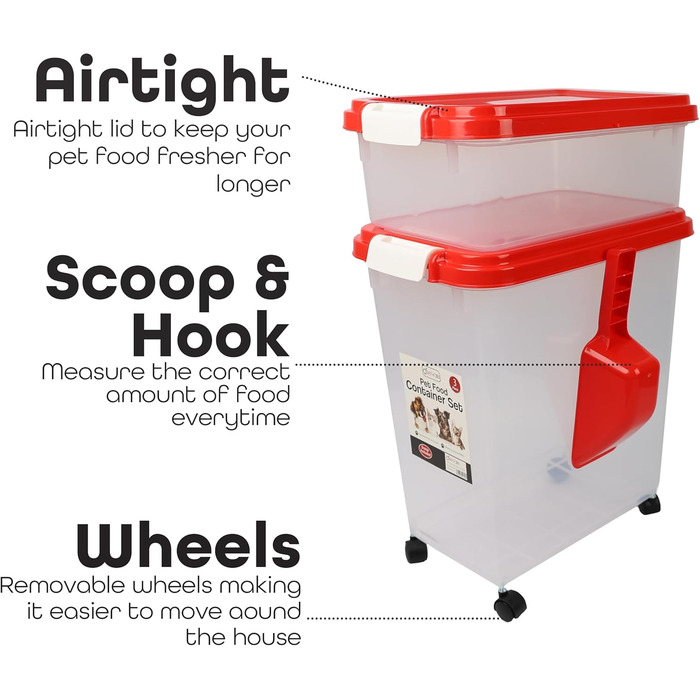 DIVCHI Контейнер для зберігання корму для тварин, 3 шт. з мірною ложкою, для собак, котів, корму для тварин, сухий корм, з роликами (Червоний)