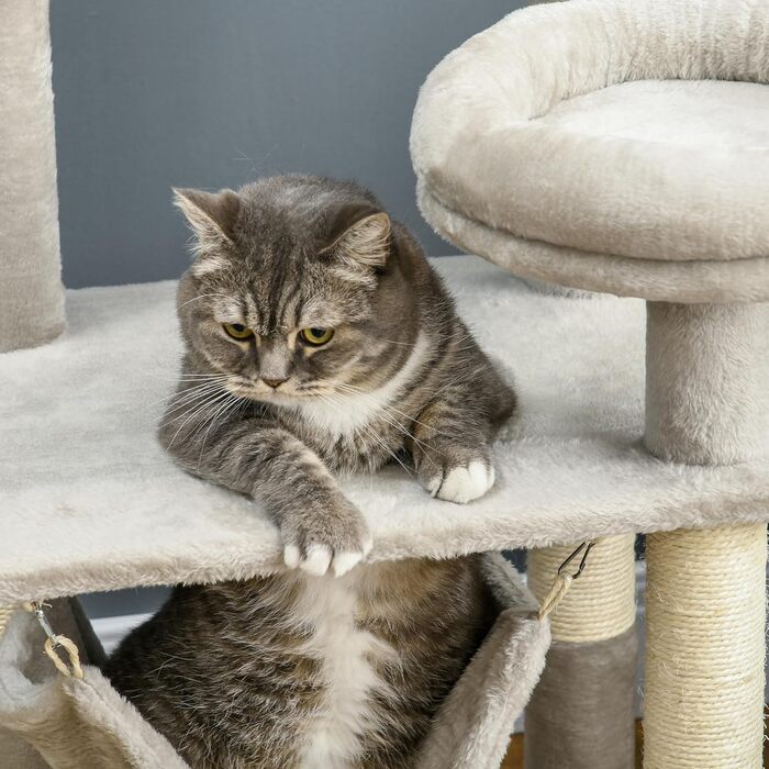 Котячий ігровий комплекс PawHut, 146 см, з плюшу, сірий, багаторівневий, стійкий, зміцнені стовпи, іграшки, для активних котів