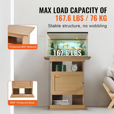 VEVOR акваріумна тумба 64x40x72 см для акваріума 20 галонів, тераріуму, рептилій, з шафкою, МДФ, вантажопідйомність 76 кг, колір світлого дерева