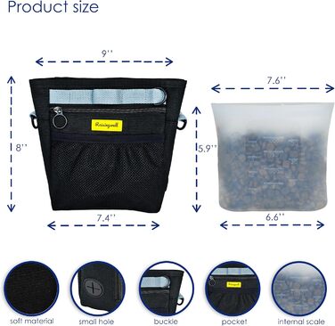 Сумка для ласощів для собак, багатофункціональна сумка для прогулянок з силіконовим кишеньком, мішок для корму для дресирування собак та дозатор ласощів, ідеальна для активного відпочинку на природі (Чорний, 4 відділення)