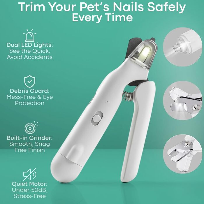 2-в-1 LED-ріжучий інструмент для догляду за кігтями для безпечного догляду за кігтями без страху, ножиці для собак зі світлом, захист безпеки, тиха робота, гострі, для середніх і маленьких собак і котів (білий)