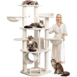 Великий когтеточка для котів HAPPYPET Parker 171 см, стійкий, з ігровим тунелем, будиночком, великими лежанками та стовпами 11 см, кремовий, кішковий комплекс XXL