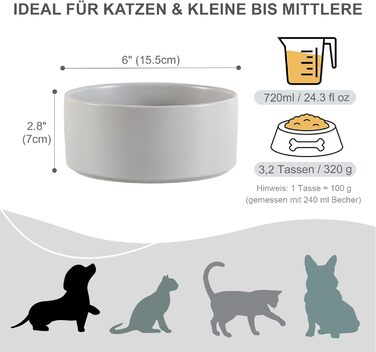 Керамічна годівниця для собак, миска для корму для маленьких та середніх собак, миска для води для великих котів, керамічна миска для корму та води, 15 см, 320 г / 720 мл, білий/сірий