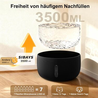 Фонтан-поїлка для котів та собак SIBAYS 3.5л, ультратихий (25дБ) з LED-індикатором та 2 вугільними фільтрами, без BPA, чорний (FS77 WH)