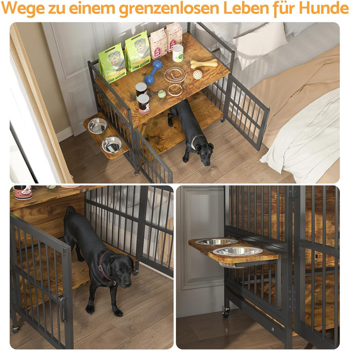 Клітка для собак з полицями для зберігання 99x58x96,5 см – багатофункціональна переносна клітка для собак з колесами, поворотними мисками, міцний вольєр для великих та середніх собак