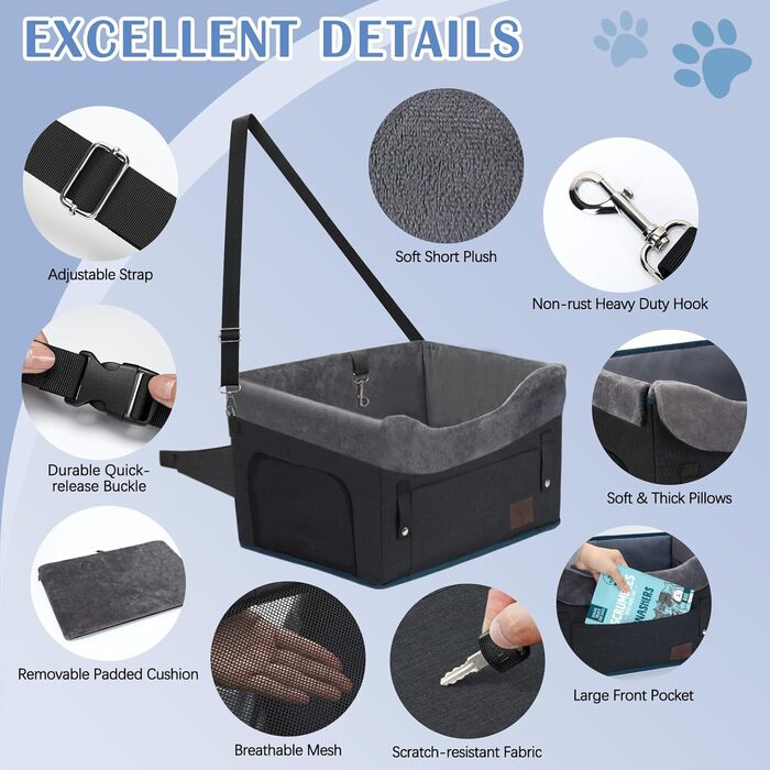 Автокрісло для собак PetsHome - підходить для маленьких собак, знімний, миючий, з кишенькою для зберігання, дихаюча тканина, страховка, регульовані ремені, чорний