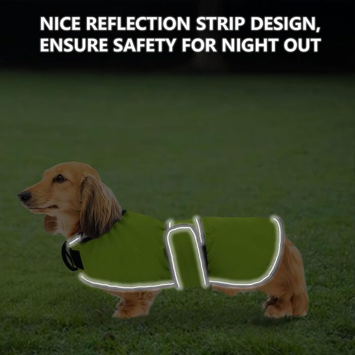 Дощовик для собак Geyecete, регульований, водовідштовхувальний, для такс, з світловідбиваючими ремінцями, з реміннем на липучці, розмір M (довжина спини 42-45 см), зелений