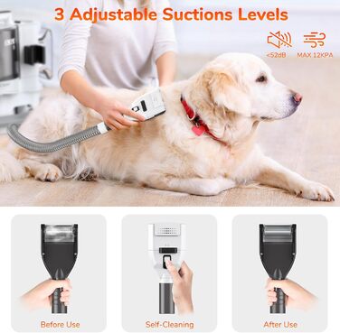 Набір для догляду за тваринами KACNON: шерстьосав'ювач та пилосос 3.3L, 13kPa. Безшумна машинка для стрижки собак та котів. Електрична щітка для тварин. Білий колір