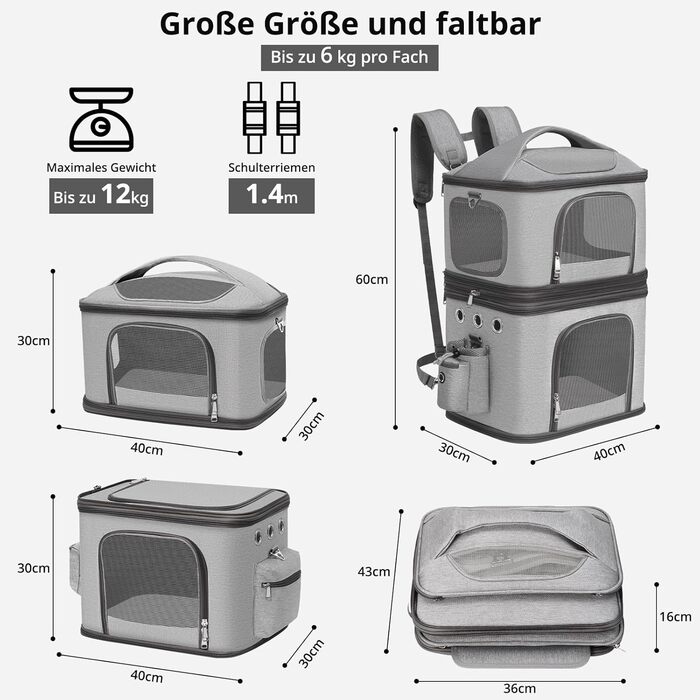 Рюкзак-переноска для котів FASNATI на 2 котів до 12 кг, сірий, для подорожей та кемпінгу