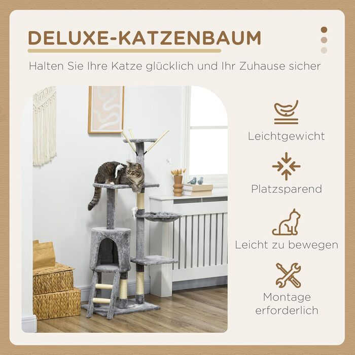 Кігтеточка PawHut для котів, 134,2 см, багатоярусна з печерою, 2 іграшки, сизаль, велика платформа, сходи, сірий+білий
