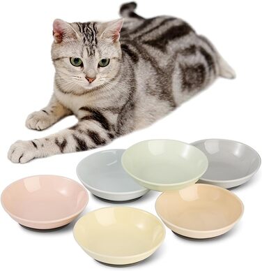 Набори мисок для котів з кераміки Katzennäpfe - 6 шт. Миски для корму котів у пастельних тонах. Широкі, плоскі, з міні-силіконовими подушечками. Підходять для мікрохвильової печі та мийки. Об'єм 250 мл, 6 кольорів