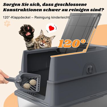 Закритий лоток для котів з нержавіючої сталі FURTIME XL з кришкою, високими бортиками, килимком та контейнером для сміття, темно-сірий (58 x 38 x 38 см)