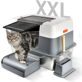 Котячий туалет з кришкою Bartuke XXL з нержавіючої сталі для великих котів, трирівнева розбірна лоток для котів із лопаткою та педаллю, не прилипає, без запаху, легке чищення, сірий