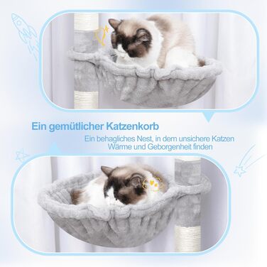 Котячий будиночок Hey-brother XXL для великих котів, 180 см, сірий, з 3 платформами, 2 кошиками та великою печерою