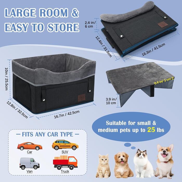 Автокрісло для собак PetsHome, чорне: знімний, миючий, з кишенею, для маленьких тварин