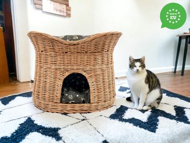 Кошик для кота для сну, котяча хатка з лози, двоповерхове ліжко для котів і собак, розмір L 60 см, знімні подушки, темно-коричневий, натуральний колір