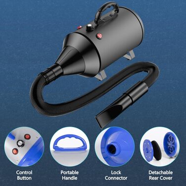 Професійний фен-blower для собак, потужний сушарка-видув 3800W (5.2 к.с.), регулювання швидкості, 4 насадки та еластичний шланг, синій/чорний