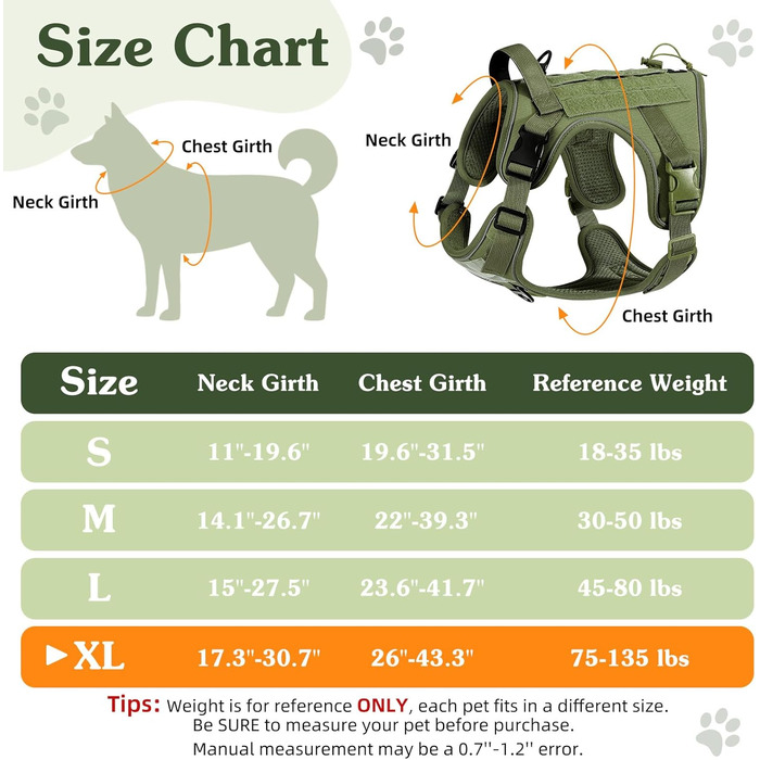 Тактичне обіднє нашийник для собак VavoPaw з MOLLE панеллю та світловідбиваючими смугами, армійного кольору, розмір L (45-80 кг, обхват грудей 23.6-41.7', шиї 15-27.5')