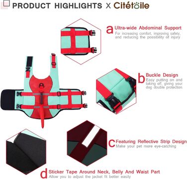 Спасальний жилет для собак у вигляді акули, XL (2XL), червоно-зелений. Безпечний та легкий жилет для водних розваг з ручкою та світловідбиваючими елементами для собак маленьких, середніх та великих порід.