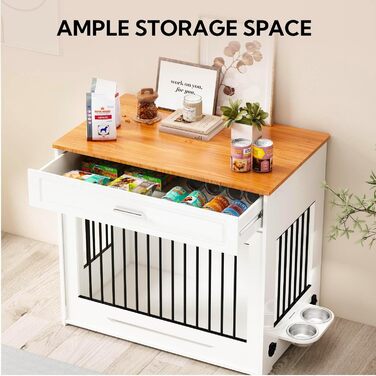 DAWNYIELD Клітка для собак, меблі для тварин, дерев'яний вольєр з відкриваючимся верхом, шухляда, меблевий стиль, внутрішній вольєр для собак, стіл з поворотним мисником на 360°, білий колір, ковзаюча дверцята білого кольору