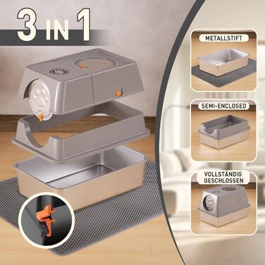 Місцезнаходження Katzenklo Edelstahl з кришкою, XXL туалет для котів закритий з двома відсіками для наповнювача, килимок для наповнювача та лопатка, двостулковий дизайн, легко чистити, утримує запах, сірий