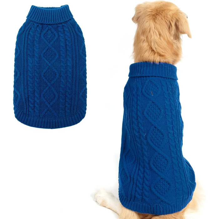 Теплий в'язаний пуловер Bingpet для собак великих, середніх та маленьких порід, зимовий одяг для собак та котів, теплий светр з косими смужками, синій, великий розмір