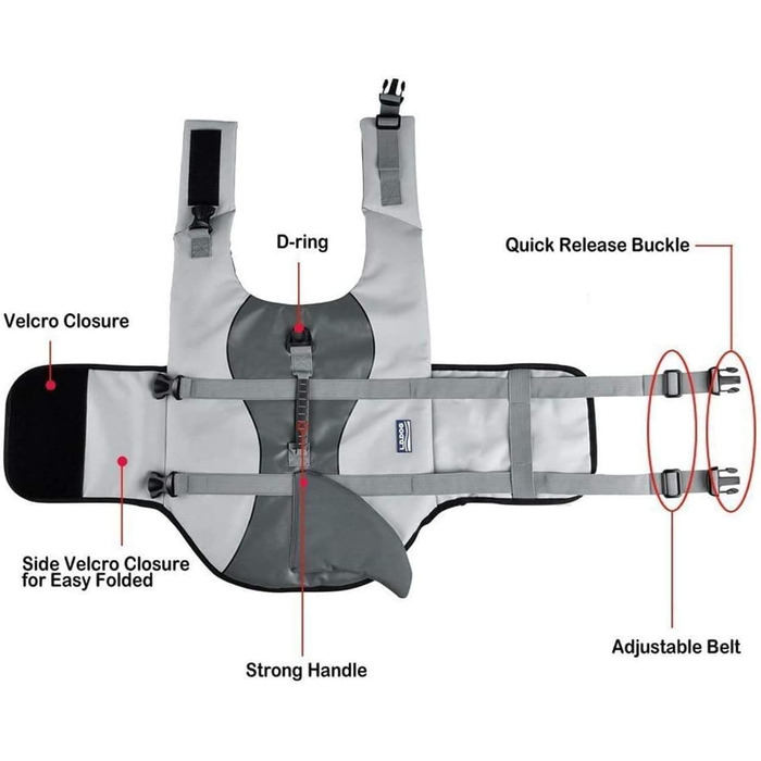 Жилет для плавання собак Aokay Shark, розмір M, сірий. Безпечний рятувальний жилет для собак з міцною ручкою.