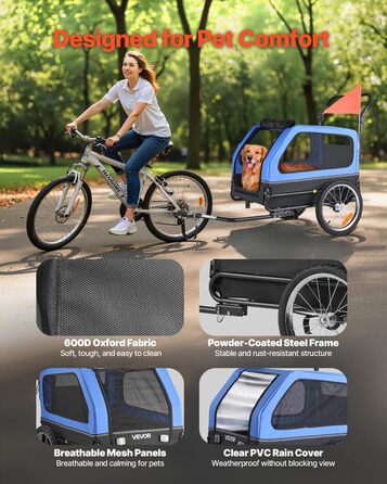 Причіп для собак VEVOR до 40 кг, 2-в-1, для маленьких та великих собак, з розкладним каркасом, універсальний з'єднувач, з прапорцем, внутрішній поводок, 1380x755x800 мм