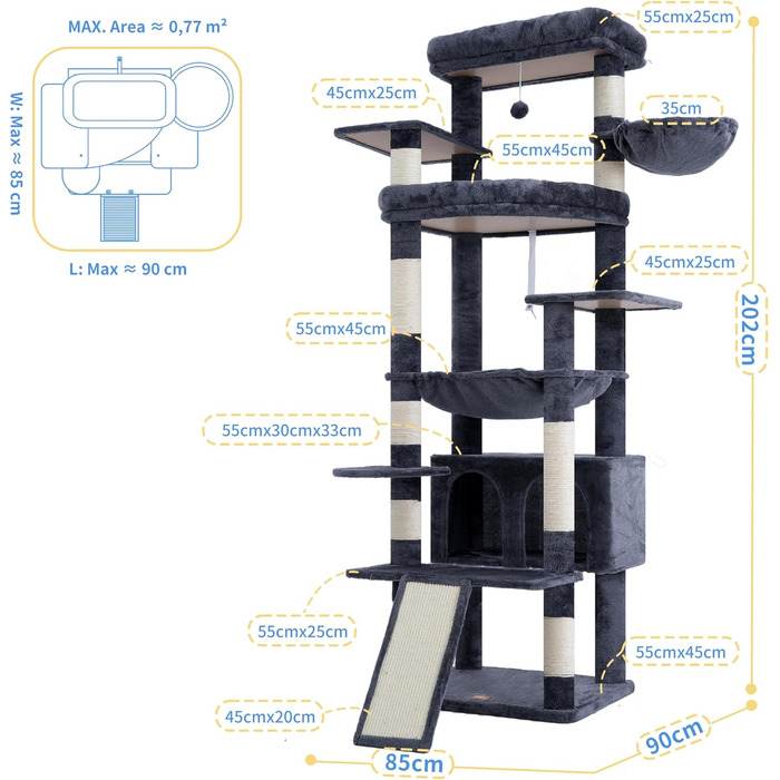 Драбина-будинок для котів Heybly HCT038W (Сірий) - 202 см з 2 платформами, будиночком, гамаком та сизалевим стовпом