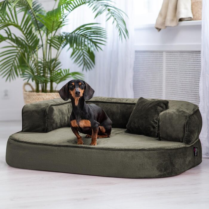 Ортопедичний лежак для собак Tierlando Sharleen VISCO Plus, 80x60 см, оливковий, м'який плюш