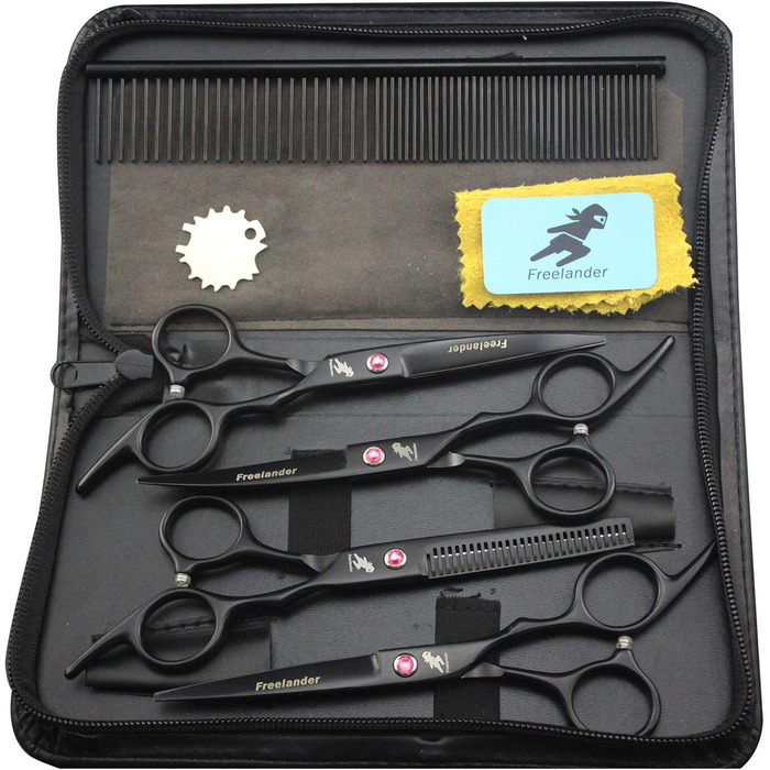 Набір для догляду за шерстю Freelander для собак та котів, 5 предметів: ножиці 15 см, ножиці для фінальної обробки, вигнуті ножиці, гребінець для шерсті