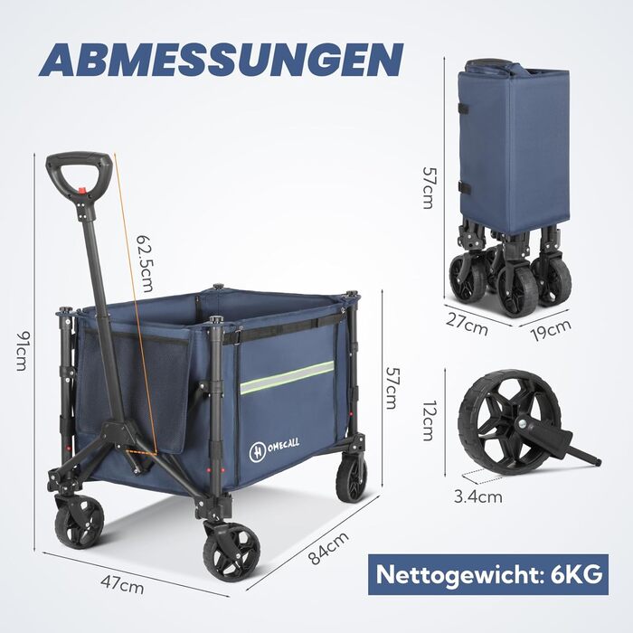 Складаний вагончик Homecall для відпочинку, покупок та транспортування (100 кг, Navy Blue)