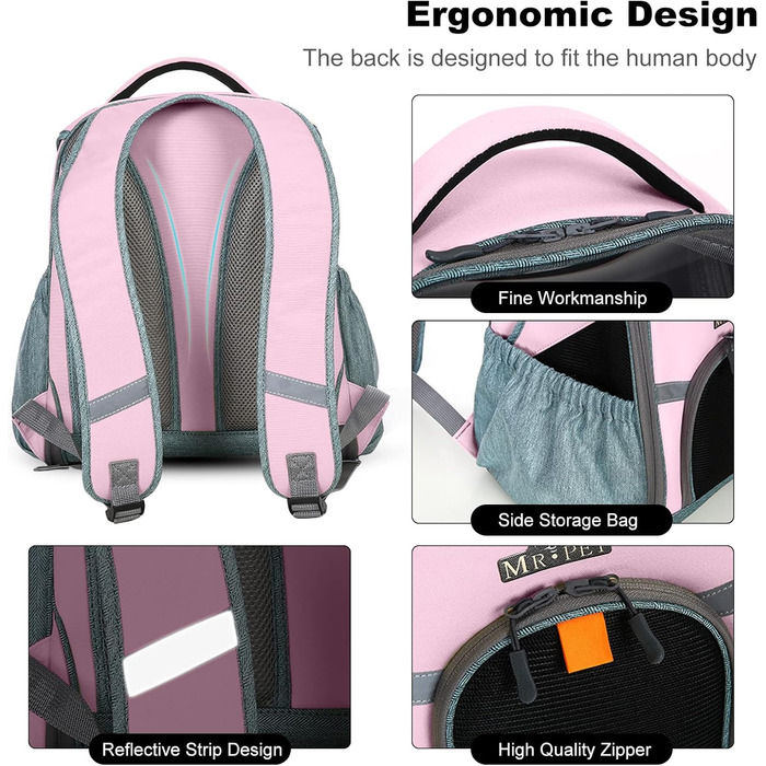 PETCUTE Рюкзак для тварин, рюкзак для собак, дихаючий та складаний рюкзак для котів з внутрішньою страховою стропою, світловідбиваючими смугами, рюкзак для собак з виймальною підстилкою, до 8 кг (Рожевий)
