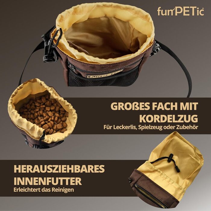 Набір для годування тварин funPETic: сумка для ласощів та складна миска з силікону. Сумка для корму з 4 відділеннями, варіанти носіння, карабін у подарунок. Ідеально для собак, коней та дресирування.