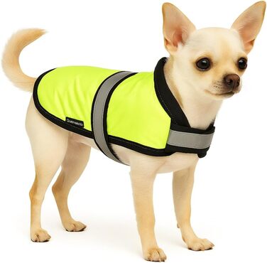 Зимовий теплий накид для собак Flamingo – Eisbär Fluo Gelb, 20 см, жовтий, поліестер, водо- та вітронепроникний, світловідбиваючі смуги, PU-покриття, отвір для шлейки, XXXXS