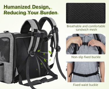 ПЕКЮТ Рюкзак для тварин з сіткою, переноска для кота/собаки, дихаюча та легка, водонепроникна, сіра (M)