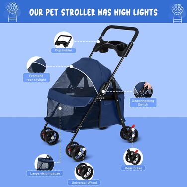 Дитяча коляска для собак та котів з підсклянником, складана коляска для собак, цуценят та середніх собак, переноска для маленьких тварин, дихаюча сітка, блакитна