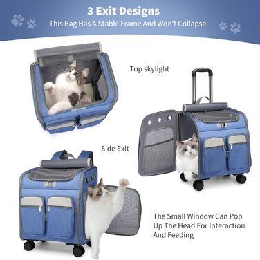 PETCUTE Рюкзак-переноска для котів та собак з візком 2 в 1 до 11 кг, складаний, з підкладкою, багатофункціональний, дихаючий, для подорожей (Блакитний)