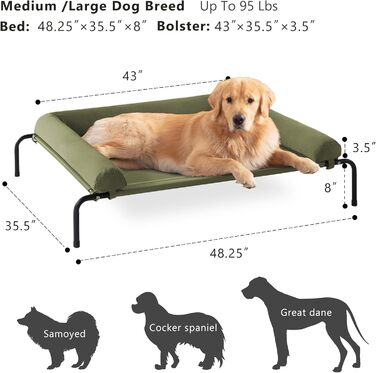 Холодне підвищене ліжко для собак WESTERN HOME, великих порід, для вулиці, з дихаючою сіткою, знімний чохол, 122x89x20 см, зелений