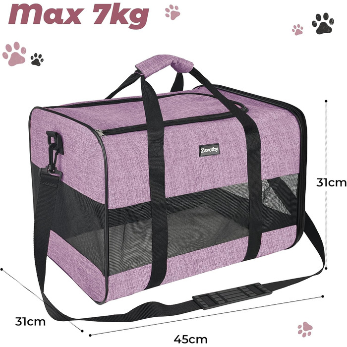 Транспортна сумка для котів та собак Zavothy, дихаюча, складна, з регульованим плечовим ременем, знімний плюшевий килимок (фіолетовий, L)