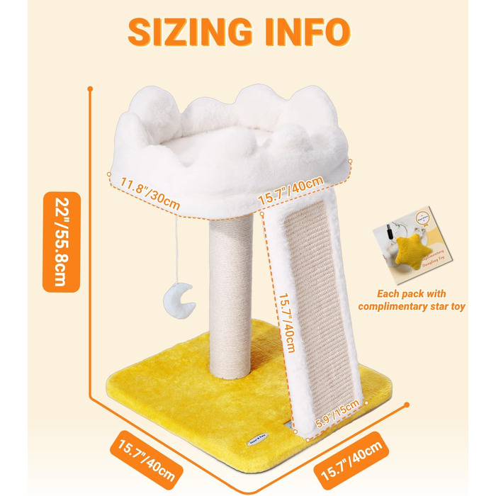 Дерево для котів Happi N Pets Cloud, з лежаком та когтеточкою, для дому, з м'якою лежаком та іграшкою, 22 дюйми