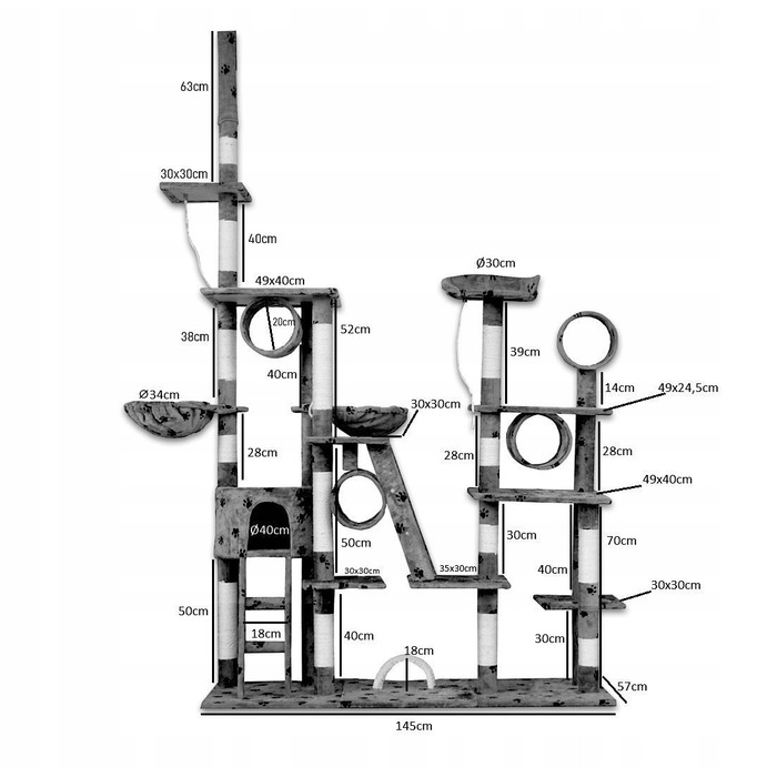 Величезний ігровий комплекс для котів XXL (255 см) — Дряпалка-вежа з гамаком, тунелем та будиночком, бежевий
