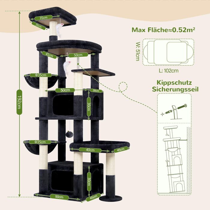 Комплекс для котів Globlazer XXL 192 см з двома печерами, сізалевим стовпом, платформами для великих котів (до 5) темно-сірий