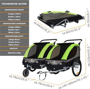 Дитячий причіп Tiggo S2 2-в-1 з підвіскою та поворотним з'єднанням 360° (зелений)