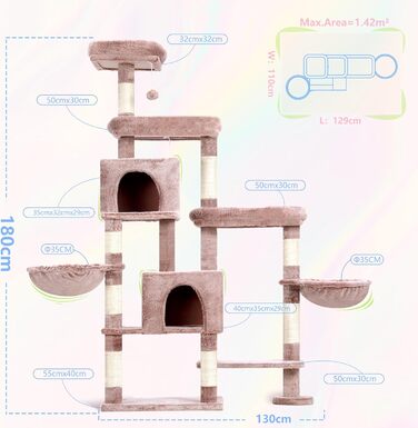 Котячий будиночок Hey-brother XXL для великих котів, 180 см. Стабільний котячий комплекс з 3 платформами, 3 великими печерами та 2 котячими будиночками, бежевий, EMPJ038MU